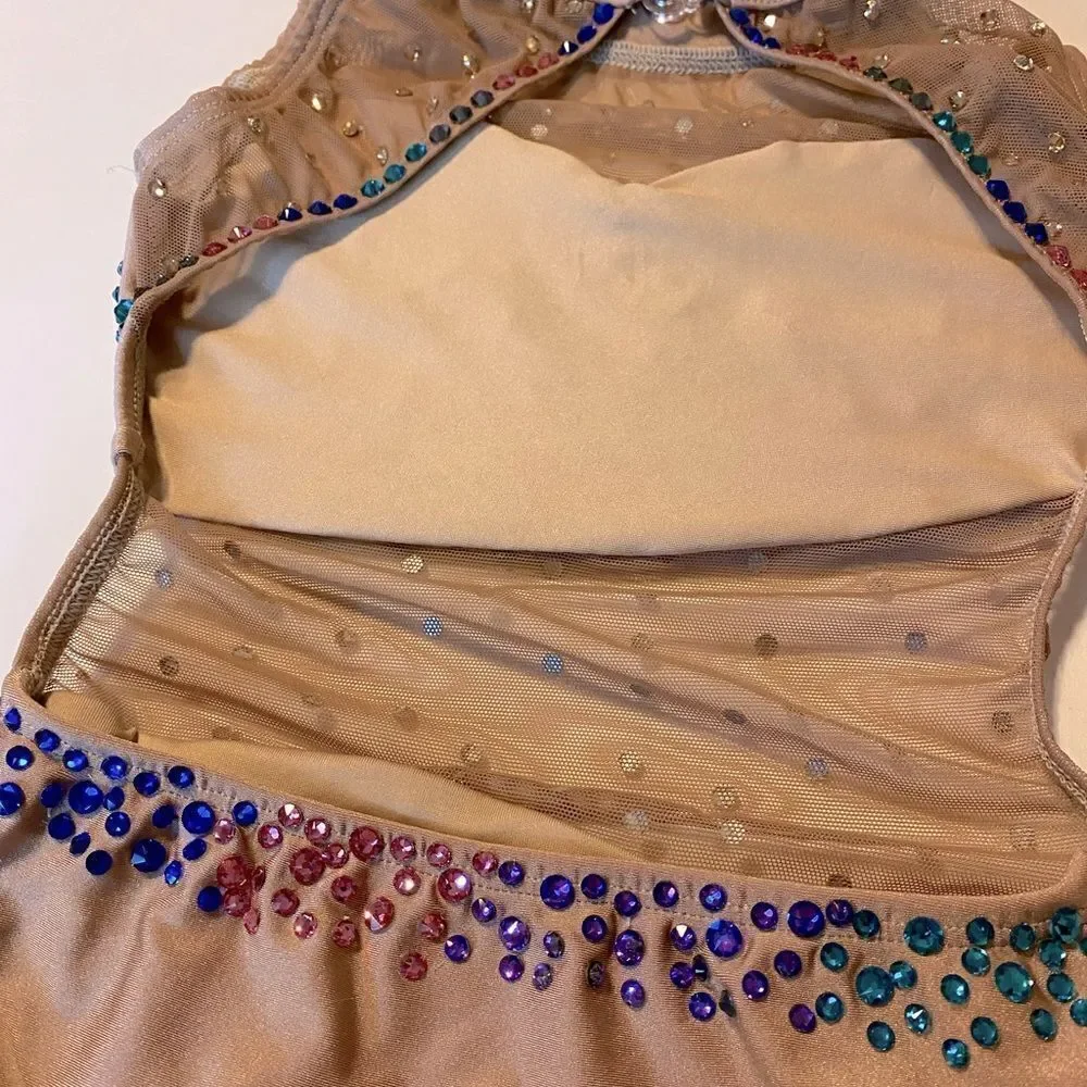 AA dance design costume solo tan beige nude illusion custom rhinestone ombre S